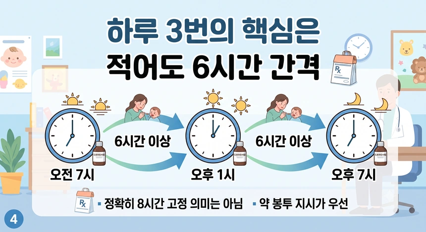 `하루 3회`와 `적어도 6시간 간격`의 의미를 직관적으로 설명합니다.